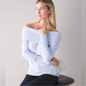 White House Black Market Off The Shoulder Light Blue Chenille Sweater